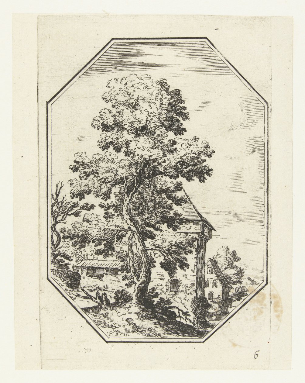 Paesaggio con grande albero in cornice ottagonale (Paesaggi ottagonali) da Anonymous