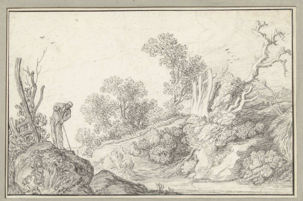 Paesaggio con albero spoglio e uomo con bastone da Anonymous