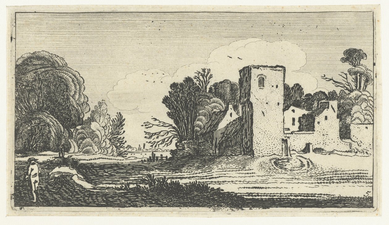 Paesaggio con torre quadrata vicino a case da Anonymous