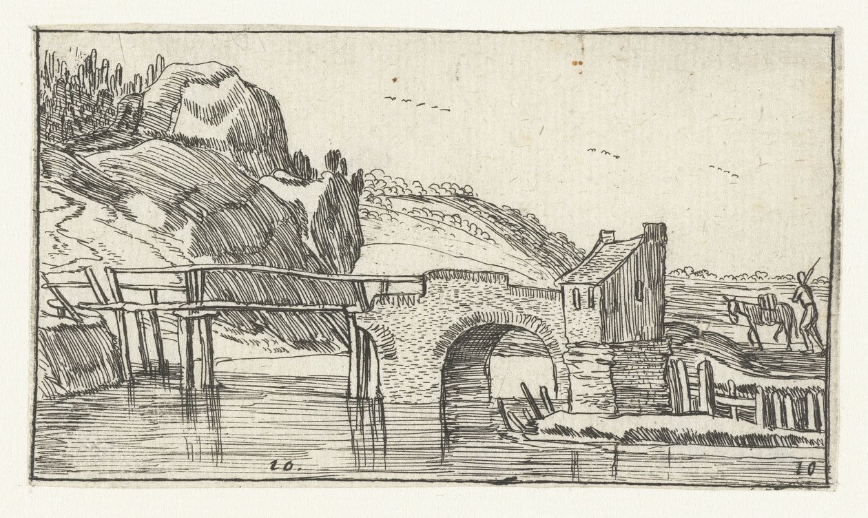 Uomo che guida un asino verso un ponte (Landschappen naar Esaias van de Velde) da Anonymous