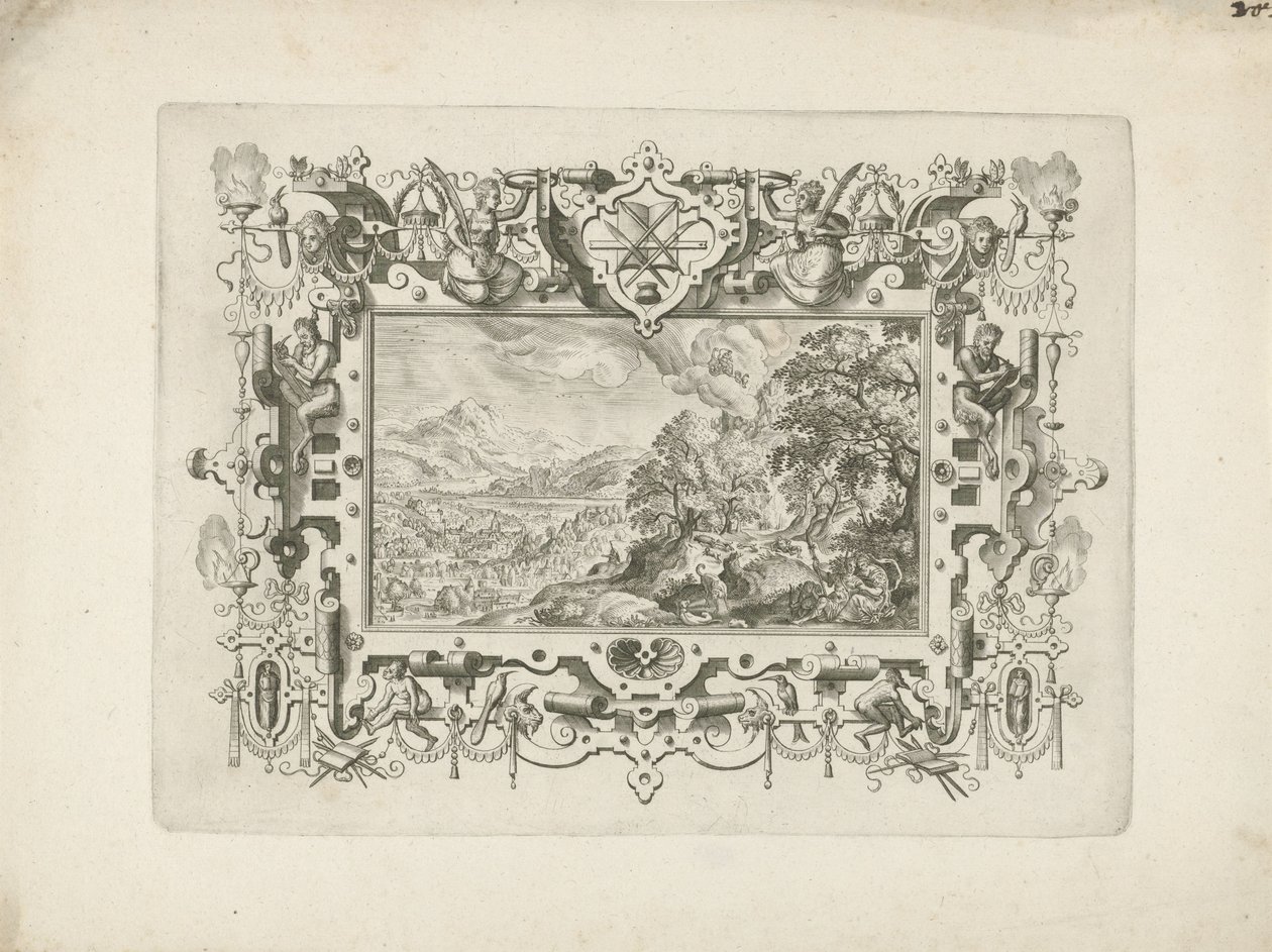 Cornice ornamentale con figure e paesaggio con Venere e Adone da Anonymous