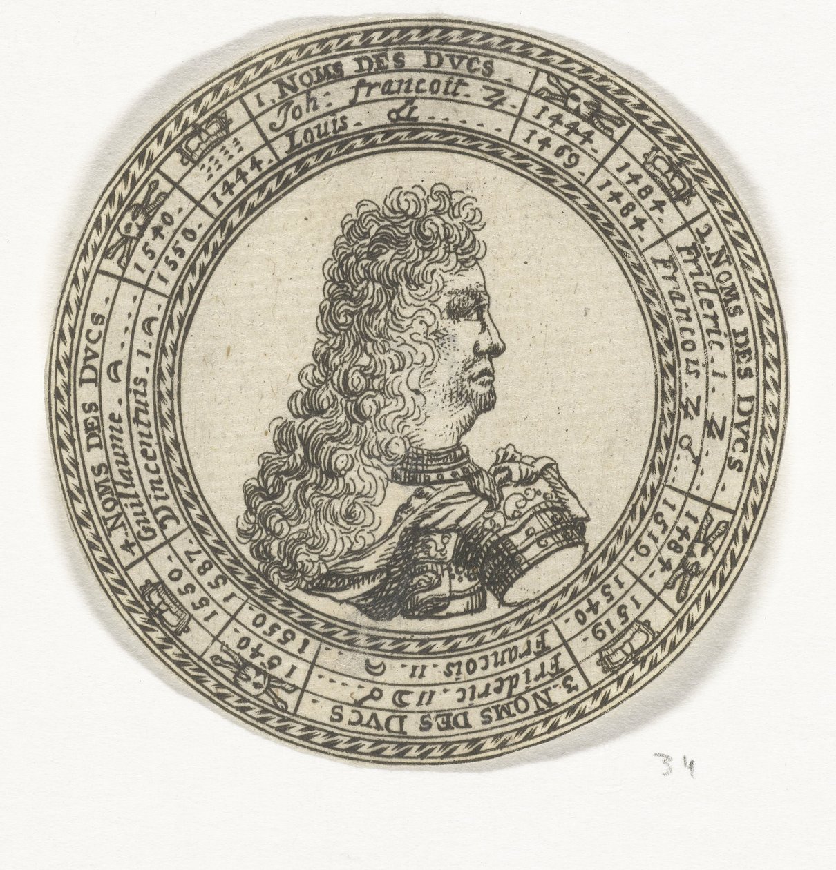 Medaglia con il ritratto di Ferdinando Carlo III e i nomi dei duchi di Mantova da Anonymous
