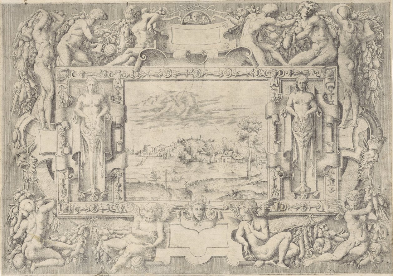 Paesaggio fluviale in cornice ornamentale da Anonymous