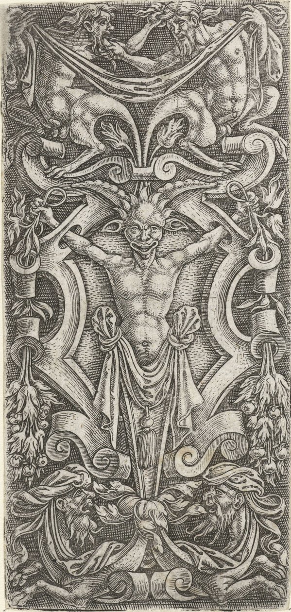 Scudo di cartiglio con un erma (serie Vlakdecoraties met grotesken in rolwerk) da Anonymous