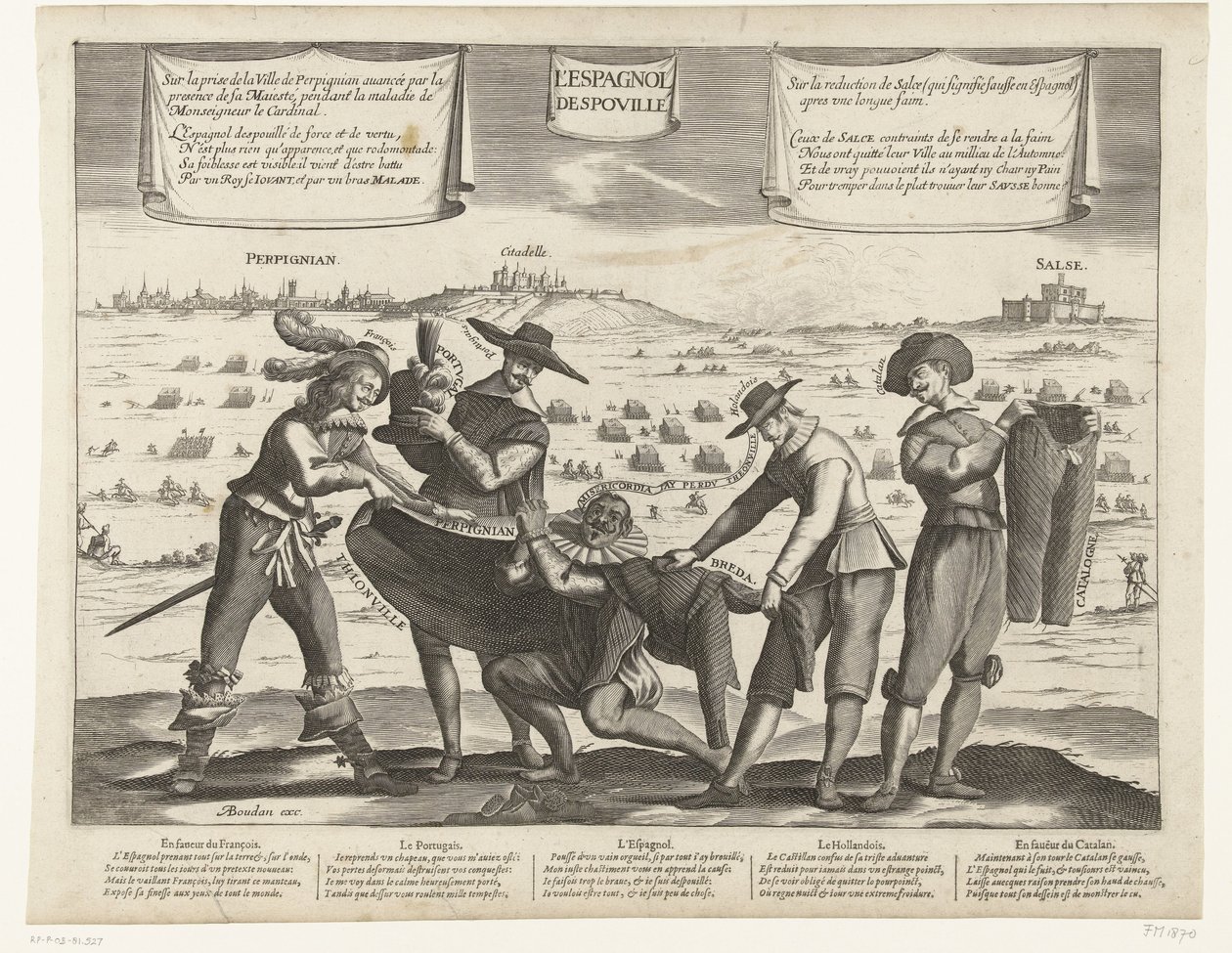Caricatura degli spagnoli dopo la perdita di Breda, Thionville, Perpignano, Portogallo e Catalogna, 1643 da Anonymous