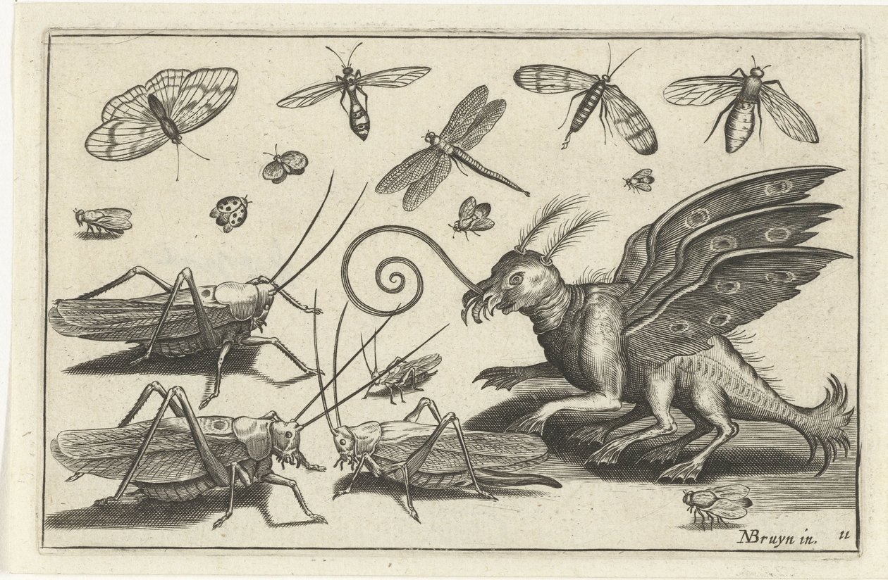 Cavallette e creatura fantastica con ali e membrane (Vogels en insecten) da Anonymous