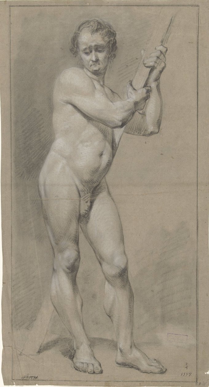 Nudo maschile in piedi, guardando in basso, le mani su una trave di legno da Anonymous