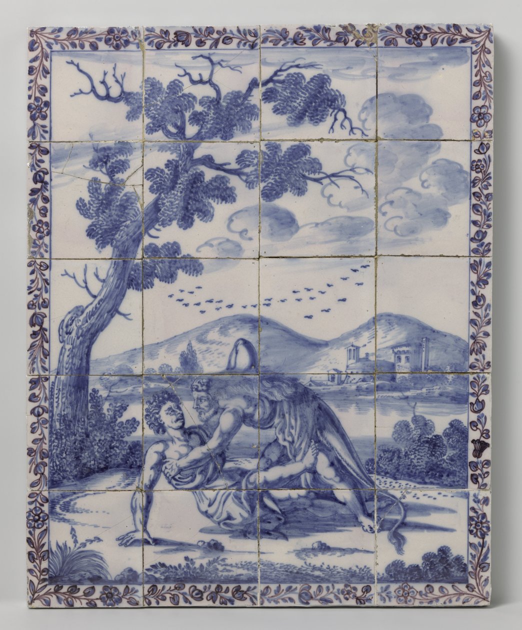 Pannello di piastrelle con un paesaggio blu con rappresentazione mitologica: Ercole e Acheloo da Anonymous