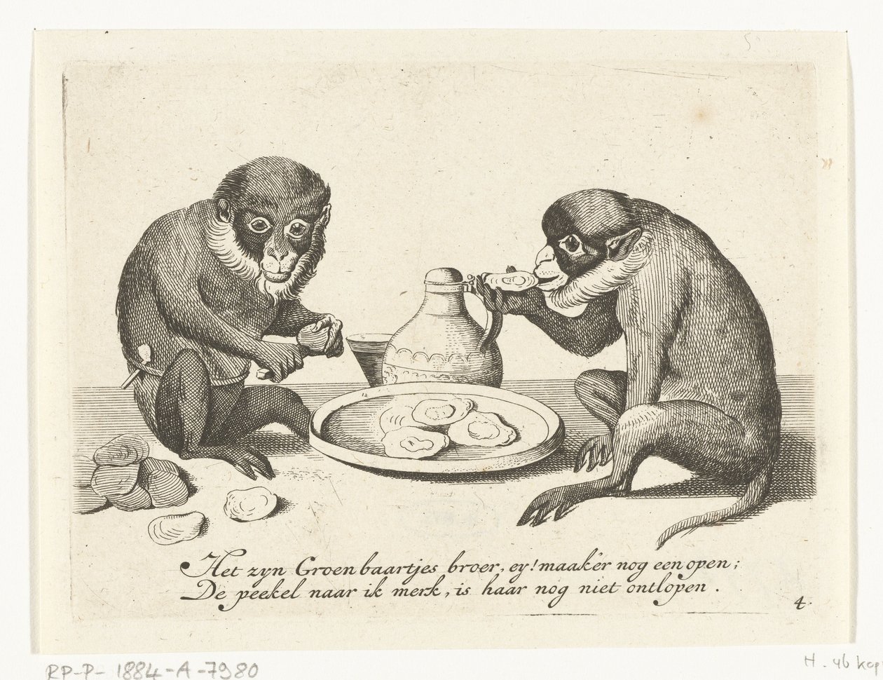 Due scimmie mangiano ostriche (Vita umana rappresentata da scimmie, serie) da Anonymous