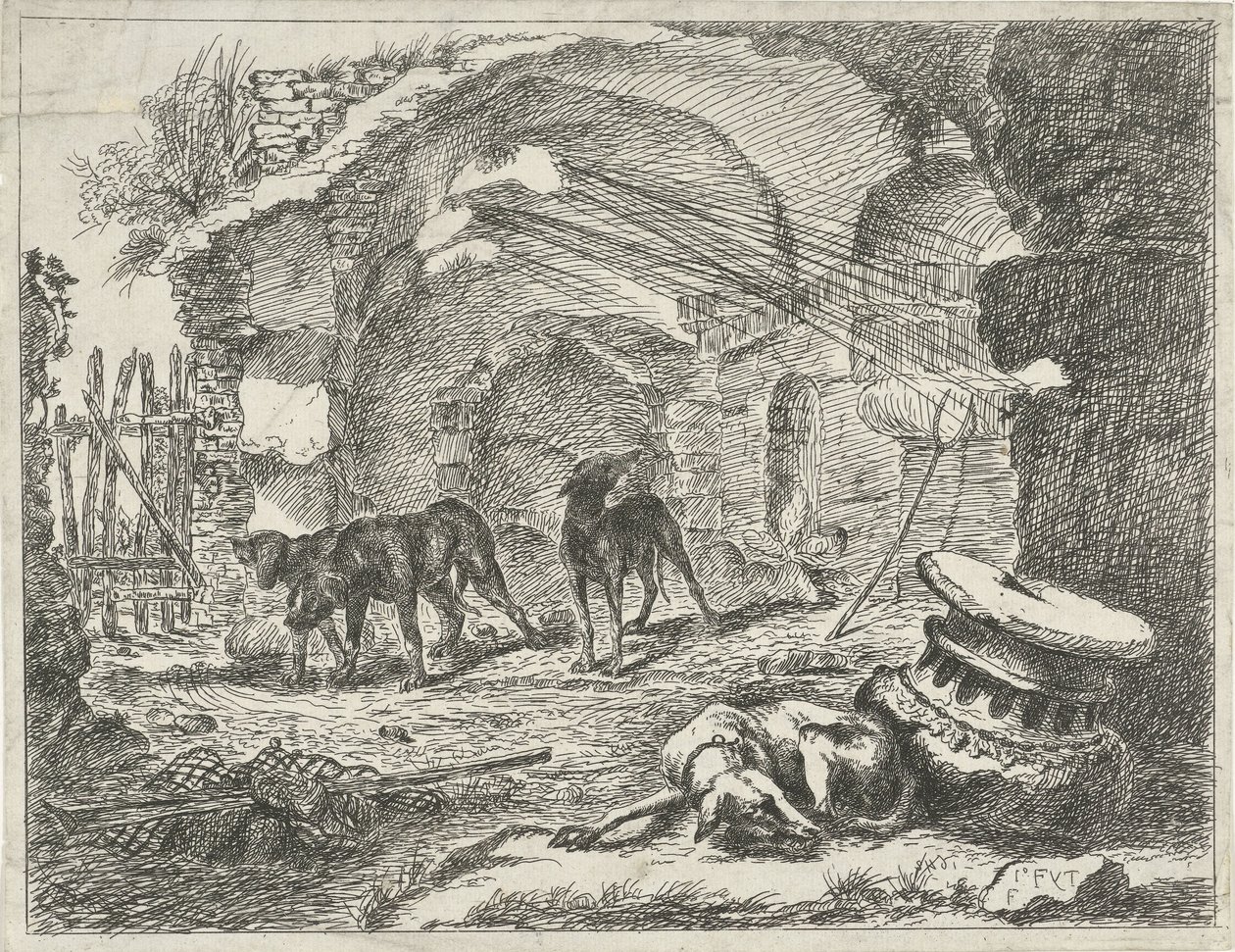 Quattro cani presso una rovina da Anonymous