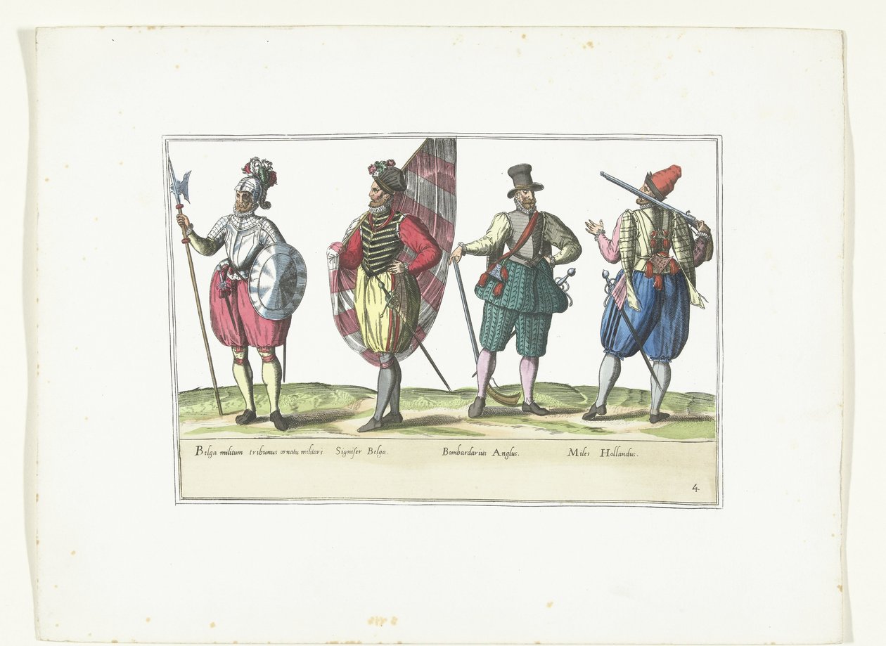 Quattro militari in uniformi secondo la moda nei Paesi Bassi e in Inghilterra, ca. 1580 (serie Costumi militari dei Paesi Bassi) da Anonymous