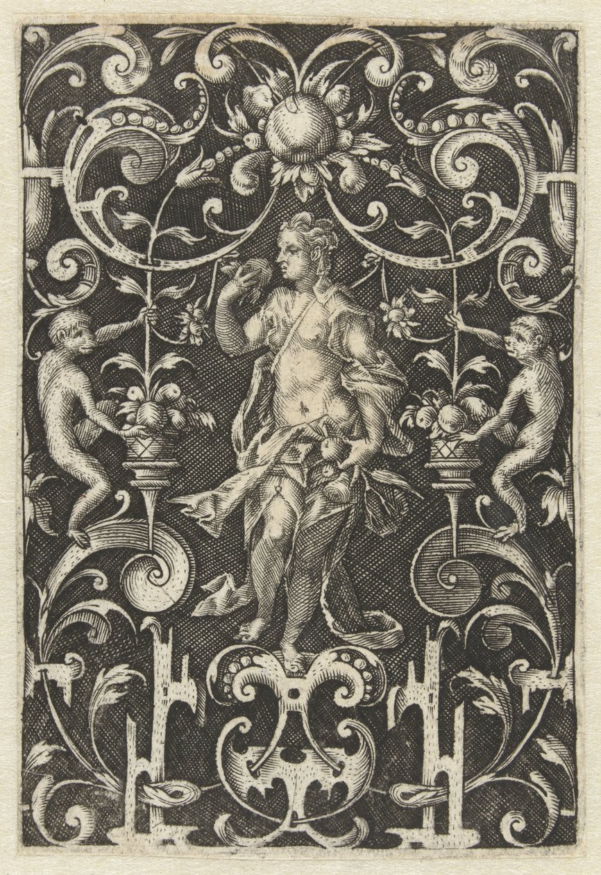Decorazione piatta con il Gusto (Personificazioni dei cinque sensi, circondate da grottesche con animali e frutti) da Anonymous