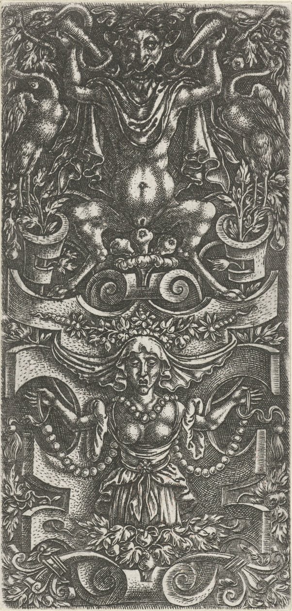 Donna con un fazzoletto e una ghirlanda di perle davanti a una costruzione di rolwerk (serie: Decorazioni piatte con grottesche in rolwerk) da Anonymous