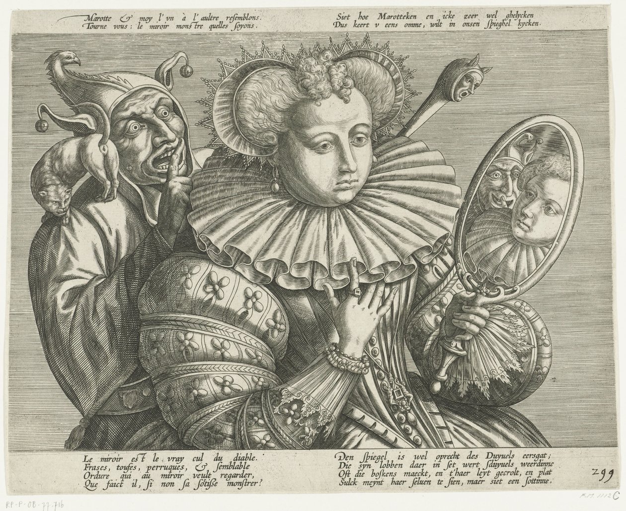 Donna con specchio e giullare: caricatura sul costoso colletto rigido, ca. 1600 da Anonymous