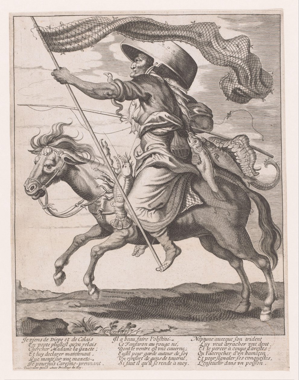 Donna su un cavallo, decorata con pesci e una rete da pesca come stendardo per il carnevale da Anonymous