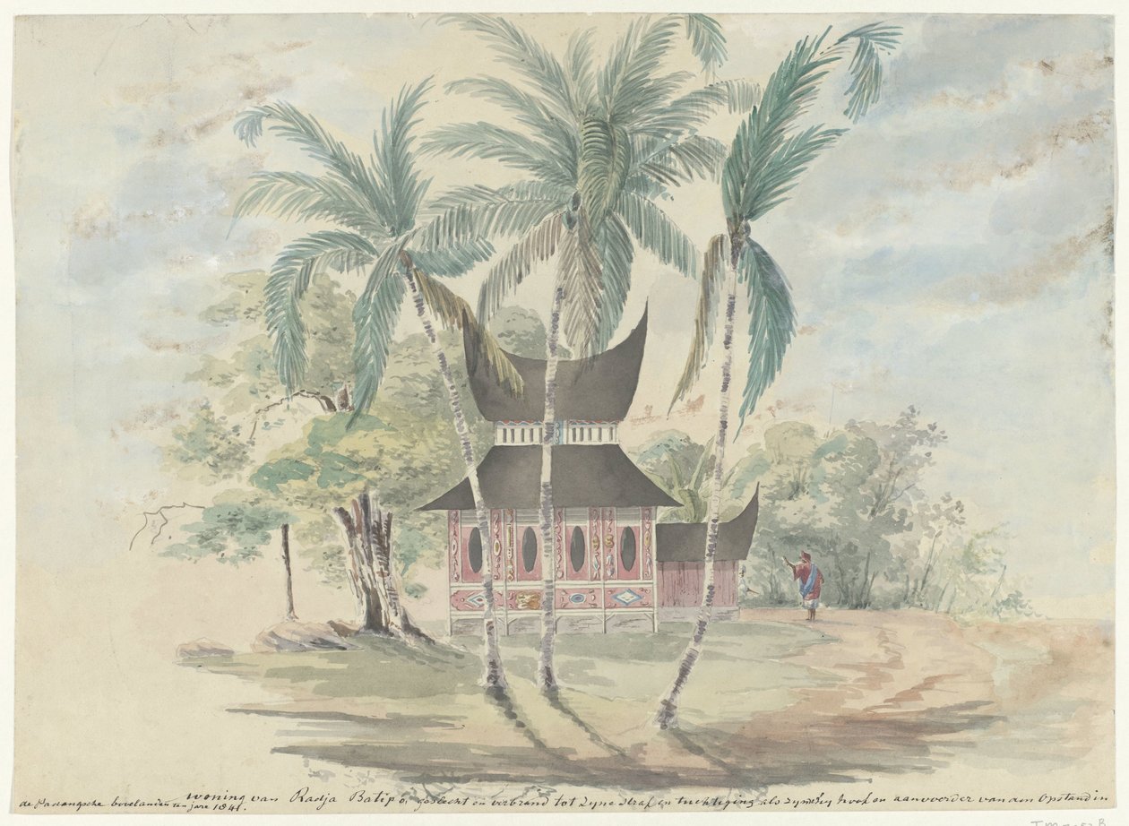 Casa di Radja Batipo, demolita e bruciata come punizione per essere stato il capo e il leader della rivolta nelle terre alte di Padang nel 1841 da Anonymous