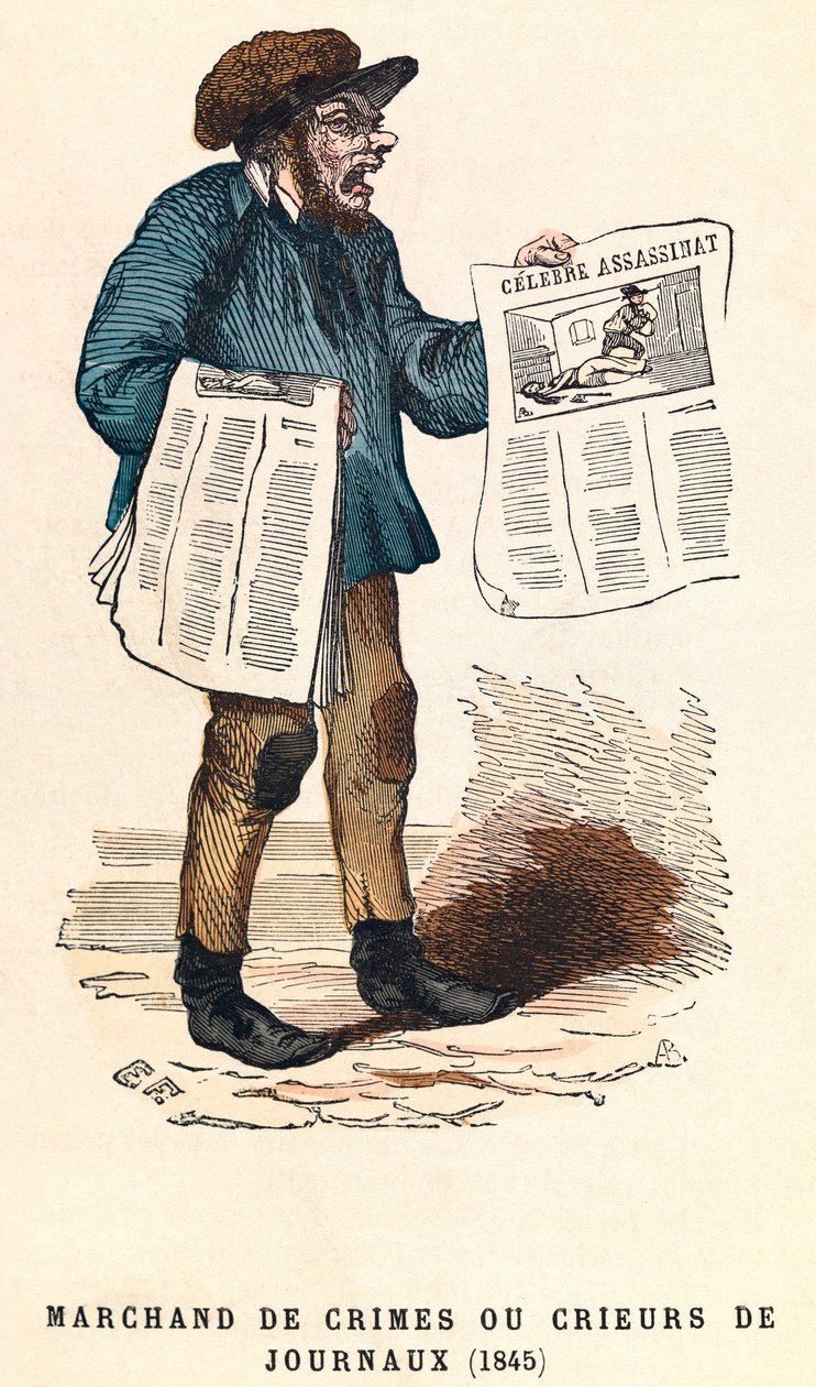 Un venditore di giornali nel 1845, incisione, collezione privata da Anonymous Anonymous