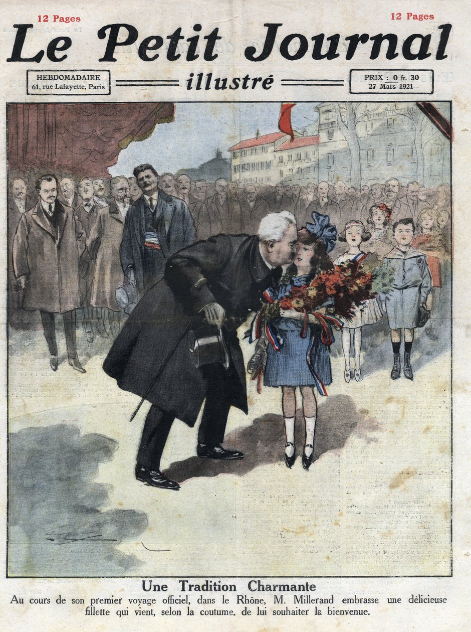 Una bambina offre un bouquet tricolore al Presidente della Repubblica Alexandre Millerand durante uno dei suoi spostamenti nel Rodano. Illustrazione tratta da “Le petit journal” del 27/03/1921. Collezione privata da Anonymous Anonymous