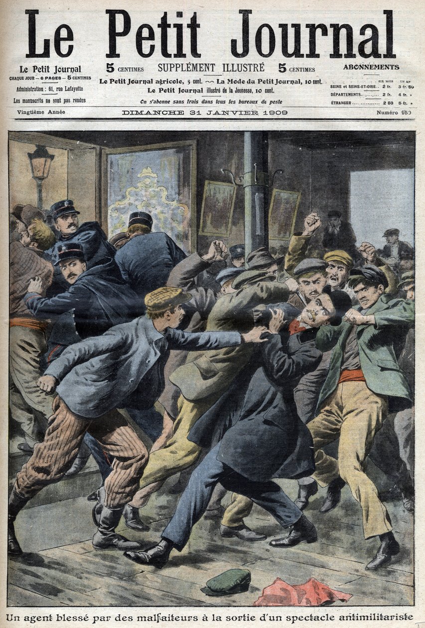Un poliziotto ferito durante una manifestazione antimilitarista ad Aubervilliers, prima pagina del giornale Petiter Journal del 31 gennaio da Anonymous Anonymous