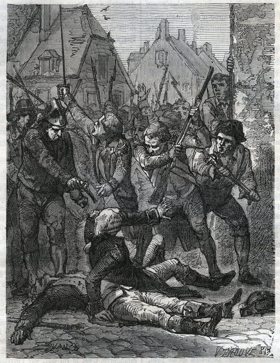 Una scena durante il periodo della Rivoluzione francese: Théobald de Dillon (1745-1792) e un ufficiale genio di nome Berthois, massacrati dai soldati e dal popolo di Lille, che li accusavano di tradimento. Incisione del 1866 in 
