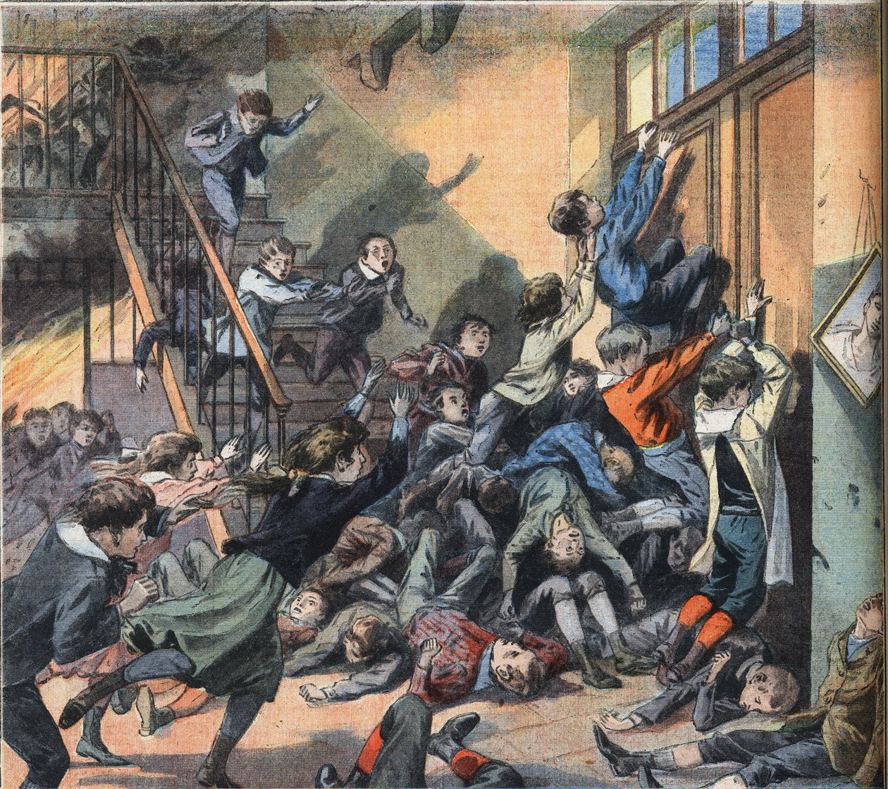 Una scuola bruciata a Cleveland (Stati Uniti). Incisione dal giornale "Le Petite Parisien", 22/03/1908. Collezione privata. da Anonymous Anonymous