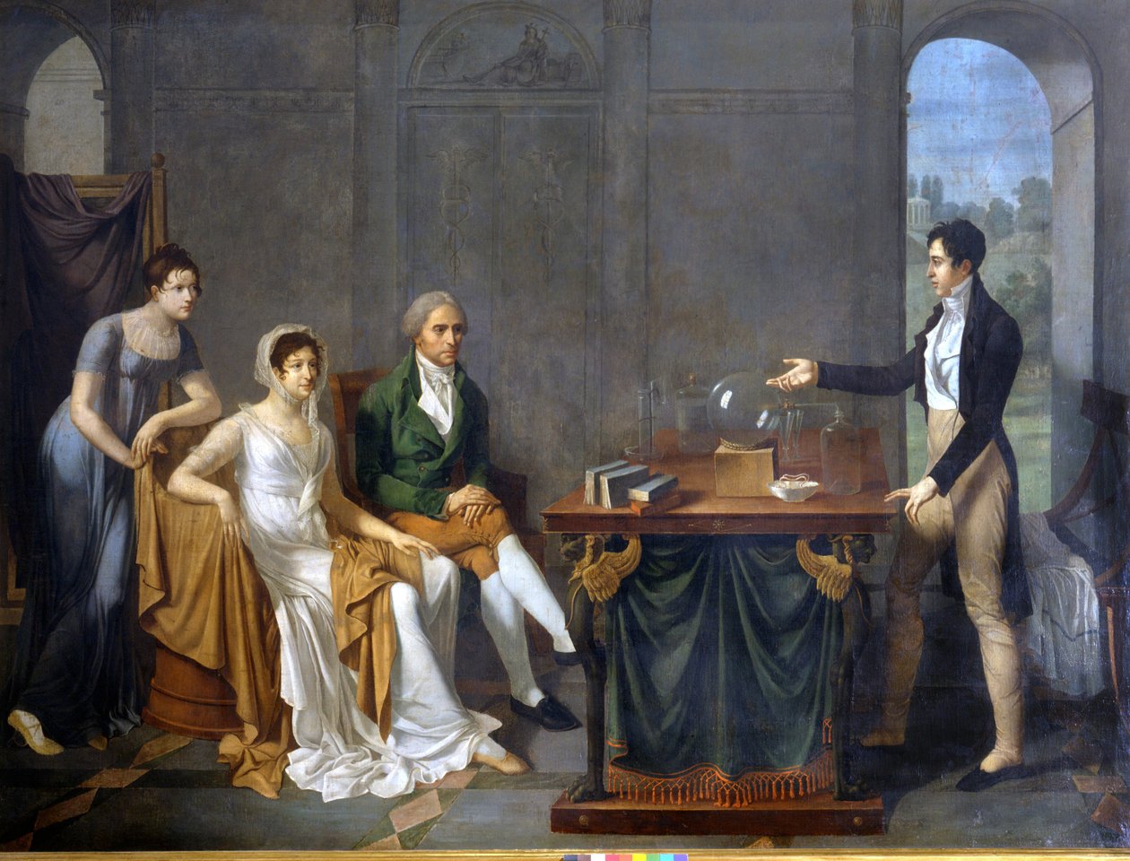 Uno scienziato (probabilmente Alessandro (Alexandre) Volta) che fa un esperimento scientifico davanti alla famiglia Melzi Deril. Dipinto anonimo. da Anonymous Anonymous