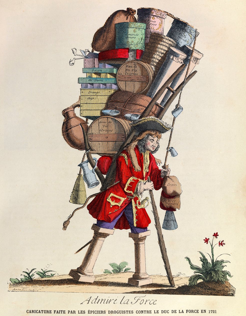Ammirare La Forza Caricatura fatta dai farmacisti di Parigi contro il Duca di La Force nel 1721 (regno di Re Luigi XV) - collezione privata da Anonymous Anonymous