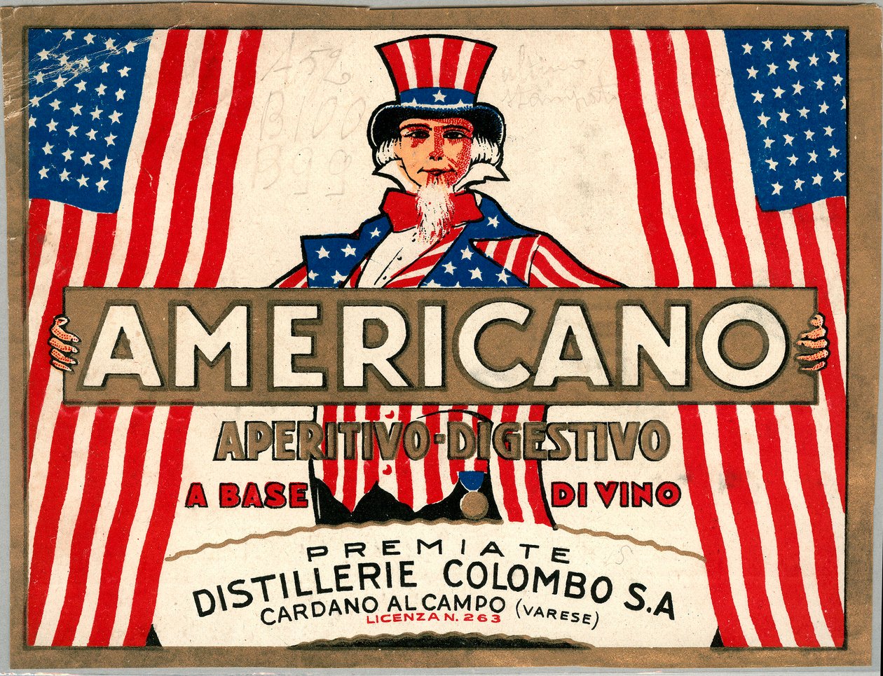 Pubblicità per il drink italiano Americano, con personificazione allegorica dell