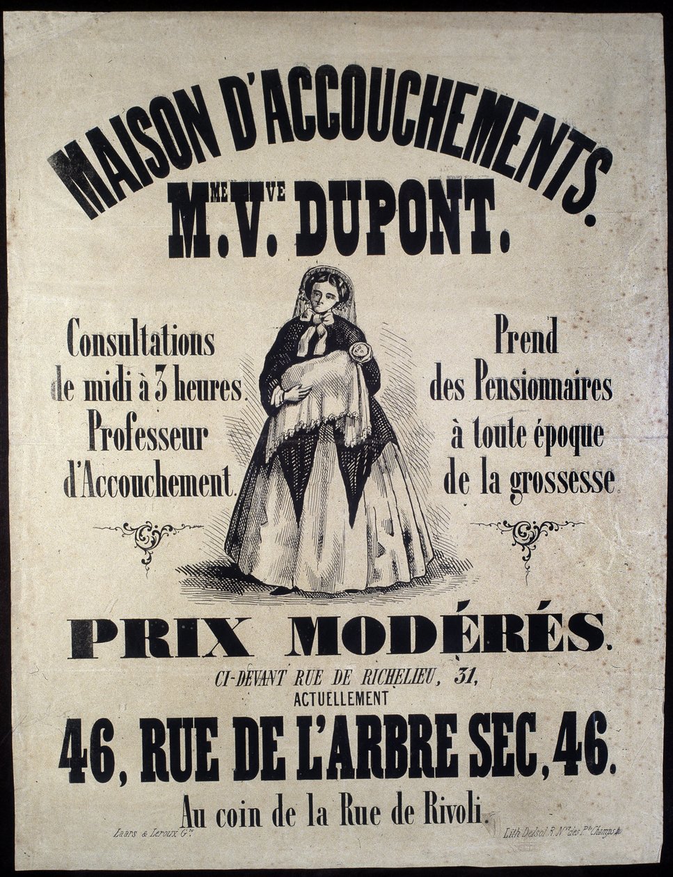 Pubblicità per una casa di maternità a Parigi nel 1850. Madame Dupont, prezzi bassi al 46 rue de l