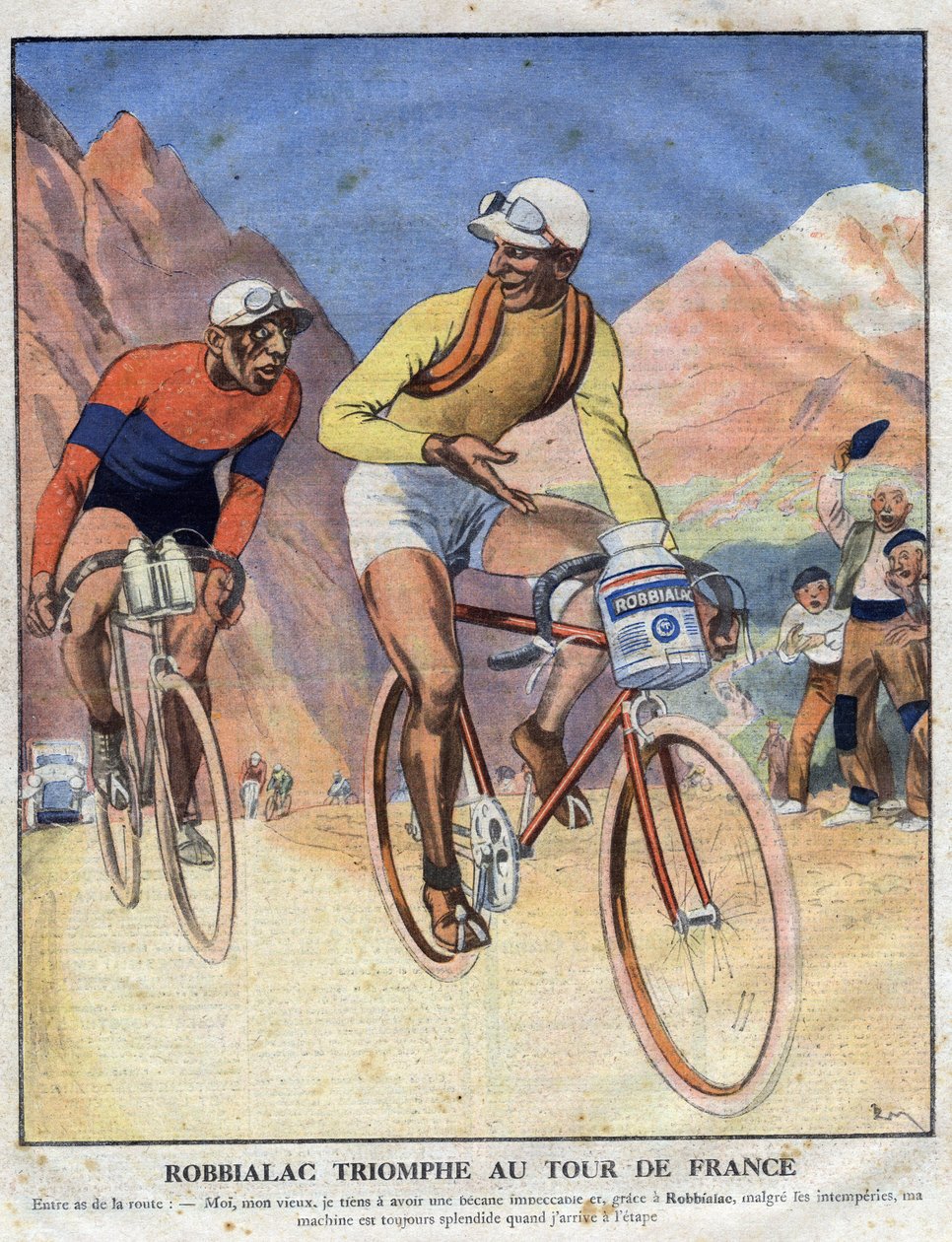 Pubblicità per la pittura Robbialac: "Robbialac trionfa al Tour de France". Un ciclista vende i meriti della pittura Robbialac per la sua bici. Incisione. Una di "Il Piccolo Giornale Illustrato" da Anonymous Anonymous