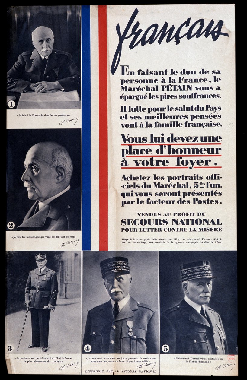 Poster pubblicitario per la vendita di ritratti del maresciallo Philippe Petain durante la Seconda Guerra Mondiale e lode a Petain (venduti a beneficio del soccorso nazionale per combattere la povertà) da Anonymous Anonymous