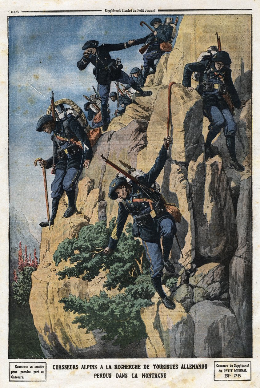 Cacciatori alpini alla ricerca di turisti tedeschi dispersi. Volevano andare al monte Nero del massiccio della Chartreuse. Incisione in 