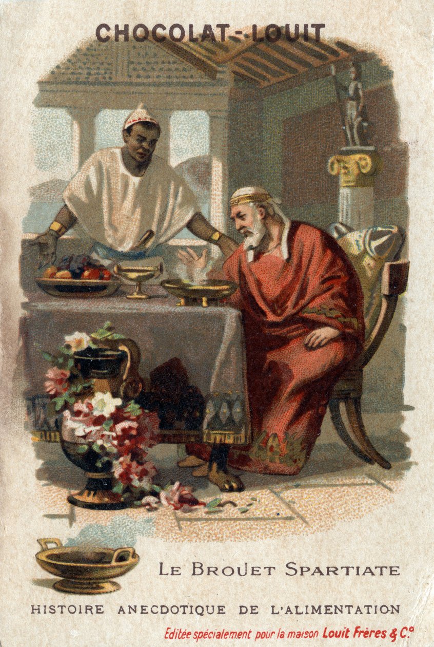 Storia aneddotica del cibo: il brodo spartano. Dionisio il Vecchio (431-367 a.C.), tiranno di Siracusa, detestava il brodo quando lo assaggiò. Il cuoco rispose che non doveva essere abbastanza affamato per apprezzarlo. Cromolitografia Chocolate-Louit, fine da Anonymous Anonymous
