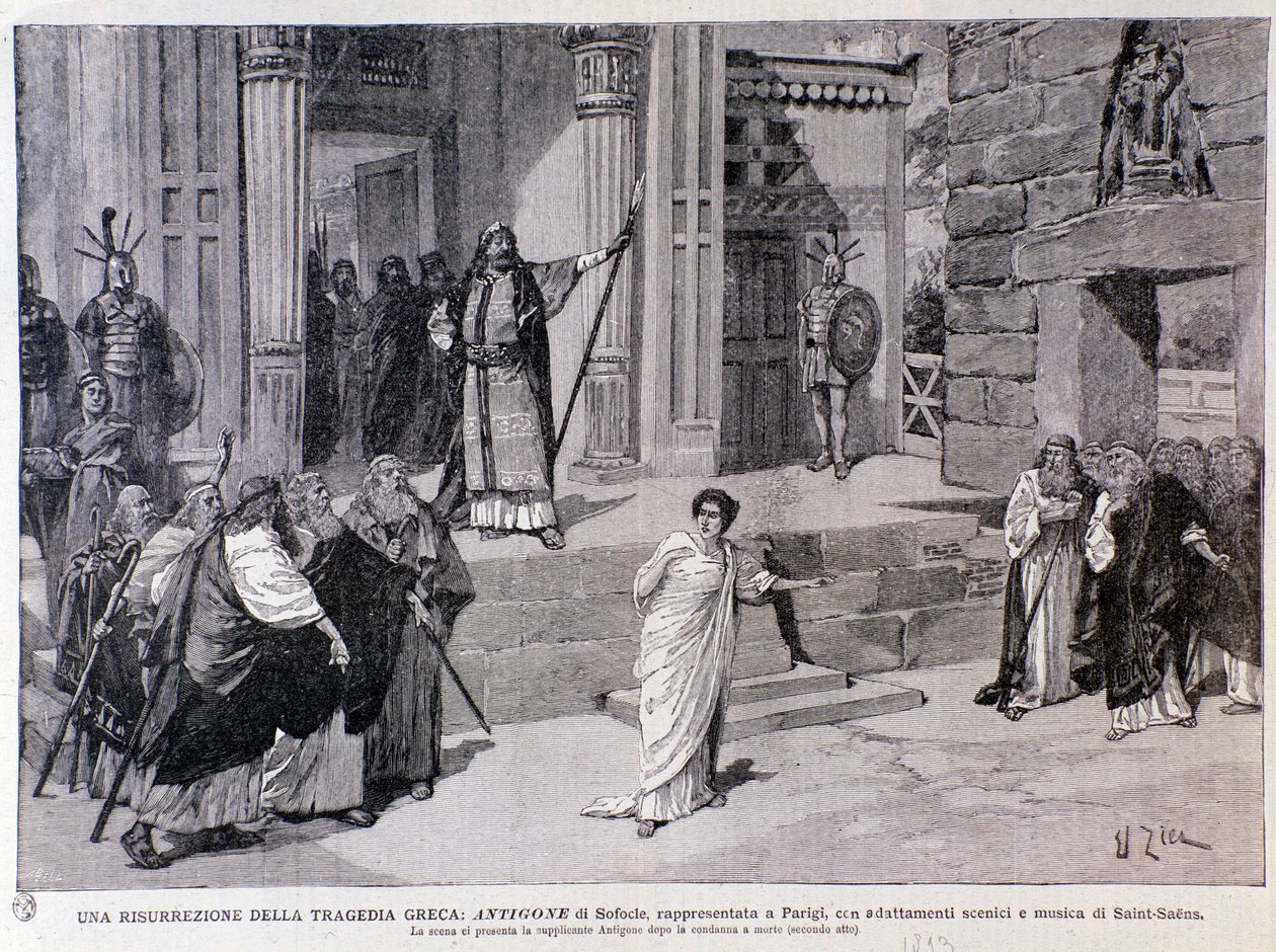 Antigone condannata a morte. Scena dalla commedia Antigone, con musica di Camille Saint-Saens, rappresentata a Parigi da Anonymous Anonymous