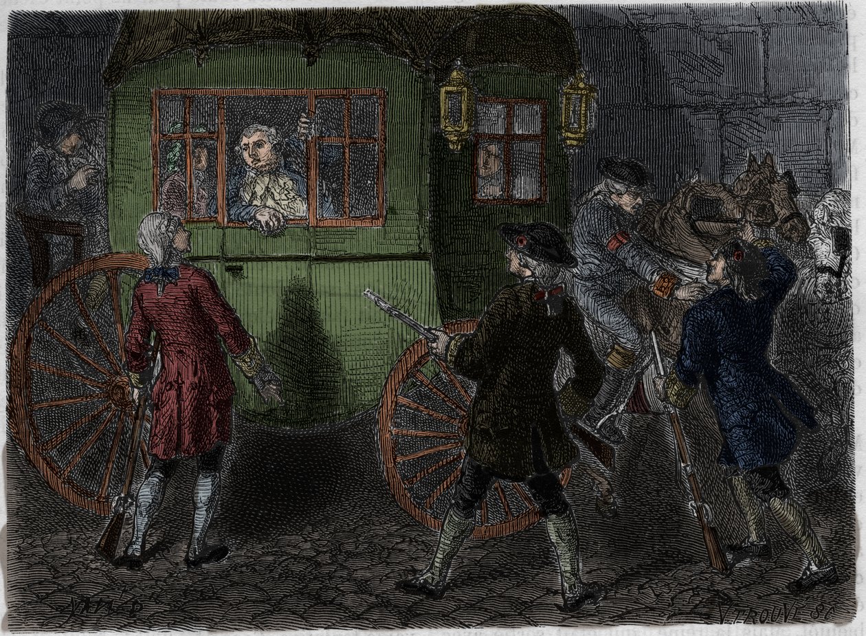 Arresto di Luigi XVI (1754-1793) e della sua famiglia in fuga a Varennes il 21 giugno 1791. Incisione del 1866 in "Histoire de la Révolution française" di Adolphe Thiers. da Anonymous Anonymous