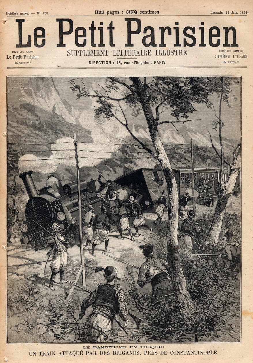 Banditismo in Turchia, un treno attaccato da ladri vicino a Costantinopoli. Incisione in "Le petit Parisien" del 1891. Collezione privata da Anonymous Anonymous