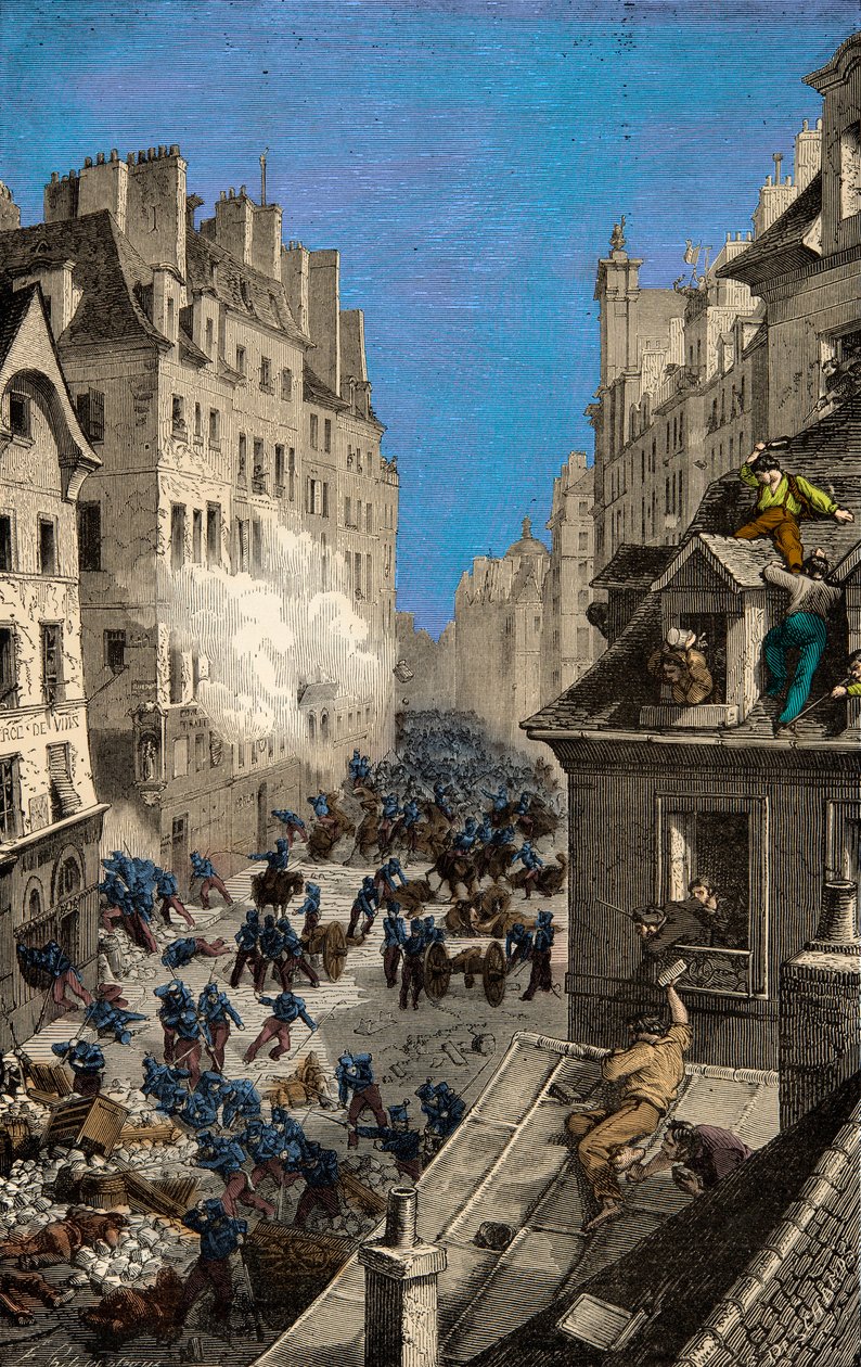 Battaglia alla Barricata di Rue Saint Antoine nel 1830. Incisione. Collezione privata da Anonymous Anonymous
