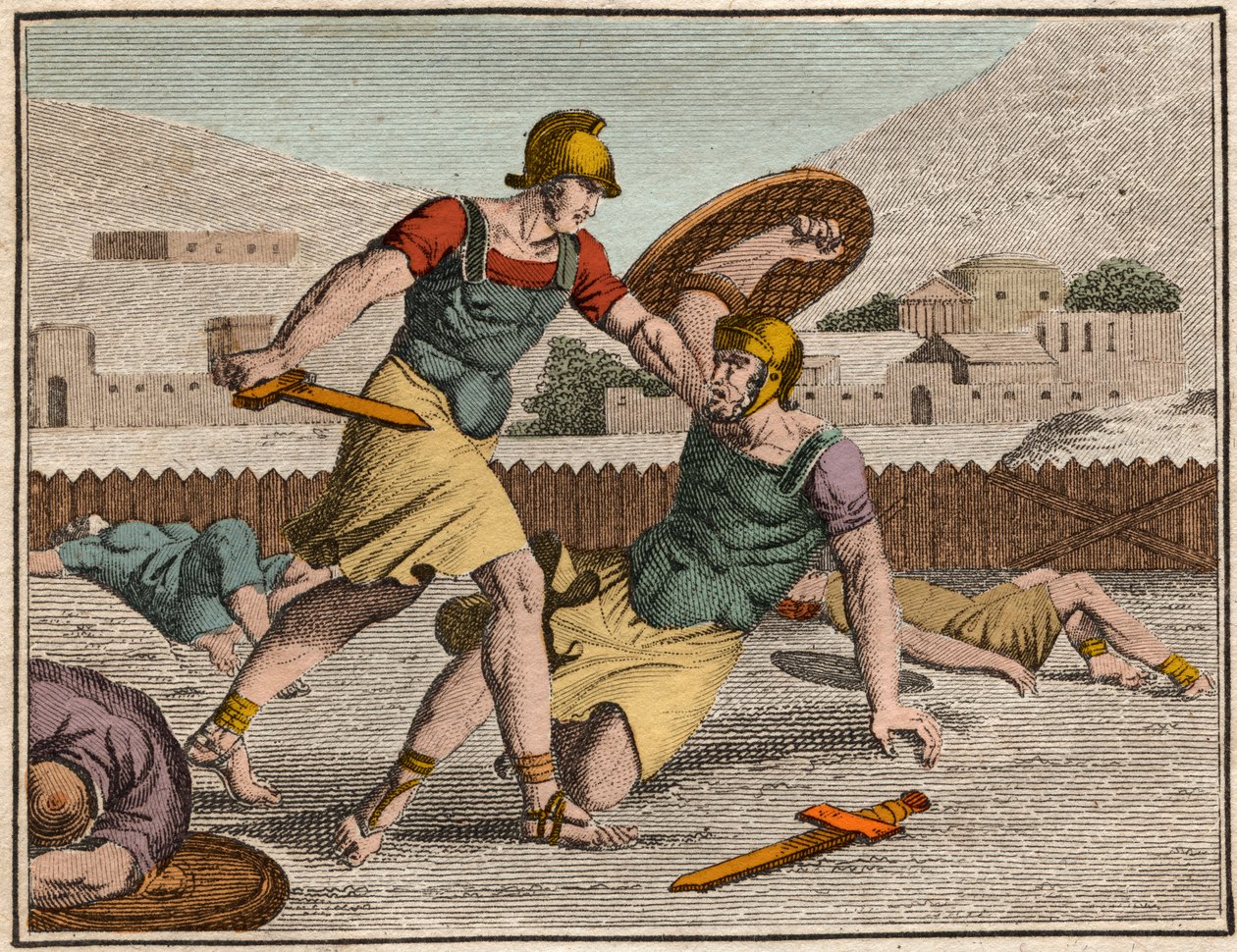 Battaglia degli Orazi e Curiazi - Battaglia tra Orazi e Curiazi - Incisione da “Le Rollin de la Jeunesse ou Morceaux Choisis des Histoires Anciennes et Romaines” 1816 - Collezione privata da Anonymous Anonymous