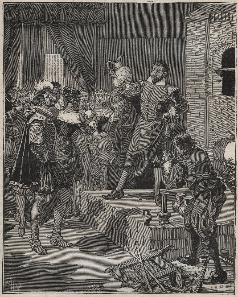 Bernard Palissy (1510-1589), ceramista francese trionfante, rimuove i suoi primi pezzi di smalti dal forno. Incisione del 1880 in "Les arts et metiers illustres" di Adolphe Bitard da Anonymous Anonymous