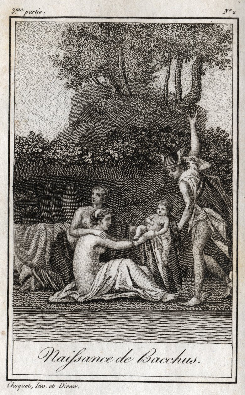 Nascita di Bacco, figlio di Giove e Semele. Incisione del 1819 in “Lettres à Emilie sur la mythologie” di Charles Albert Demoustier (1760-1801). Collezione privata da Anonymous Anonymous