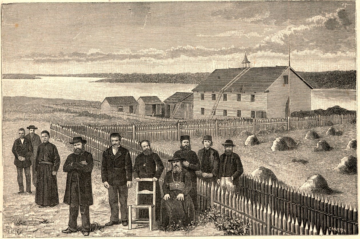 Vescovo Isidore Clut (1832-1903), R.P. Le Corre e altri membri della Missione della Provvidenza in Athabaska Mackenzie in Canada alla fine del XIX secolo. Incisione in "Les Missions Catholiques au XIXème Siècle" di Louis-Eugène Louvet. da Anonymous Anonymous