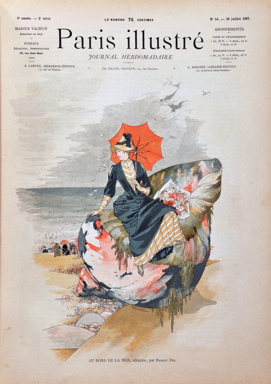 In riva al mare, allegoria di Habert Dys. Elegante donna con un ombrello seduta su una conchiglia gigante posa sulla sabbia di una spiaggia. Incisione del 1887 in "Paris-Illustrous journal weekly" da Anonymous Anonymous