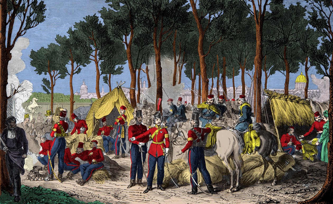 Accampamento delle truppe russe e inglesi agli Champs Elysées a Parigi nel luglio 1815 dopo la sconfitta di Napoleone I, Incisione, Collezione privata da Anonymous Anonymous