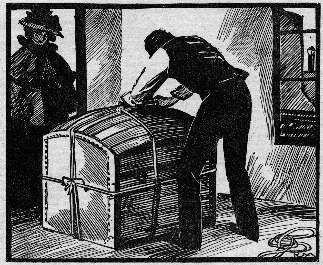 Caso Eyraud-Bompard o il caso del baule insanguinato: scoperta del baule usato per nascondere il cadavere del bailiff Gouffe assassinato nel 1888 a Parigi dalla coppia Michel Eyraud e Gabrielle Bompard. Illustrazione tratta da 