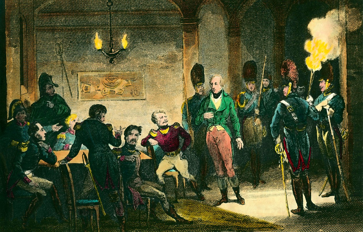 Caso di Luigi di Borbone, Duca di Enghien (1772-1804): scena del processo del principe sospettato di aver cospirato contro il primo console Napoleone Bonaparte, fu condannato ed eseguito senza prove. Incisione del 1804. Collezione privata da Anonymous Anonymous
