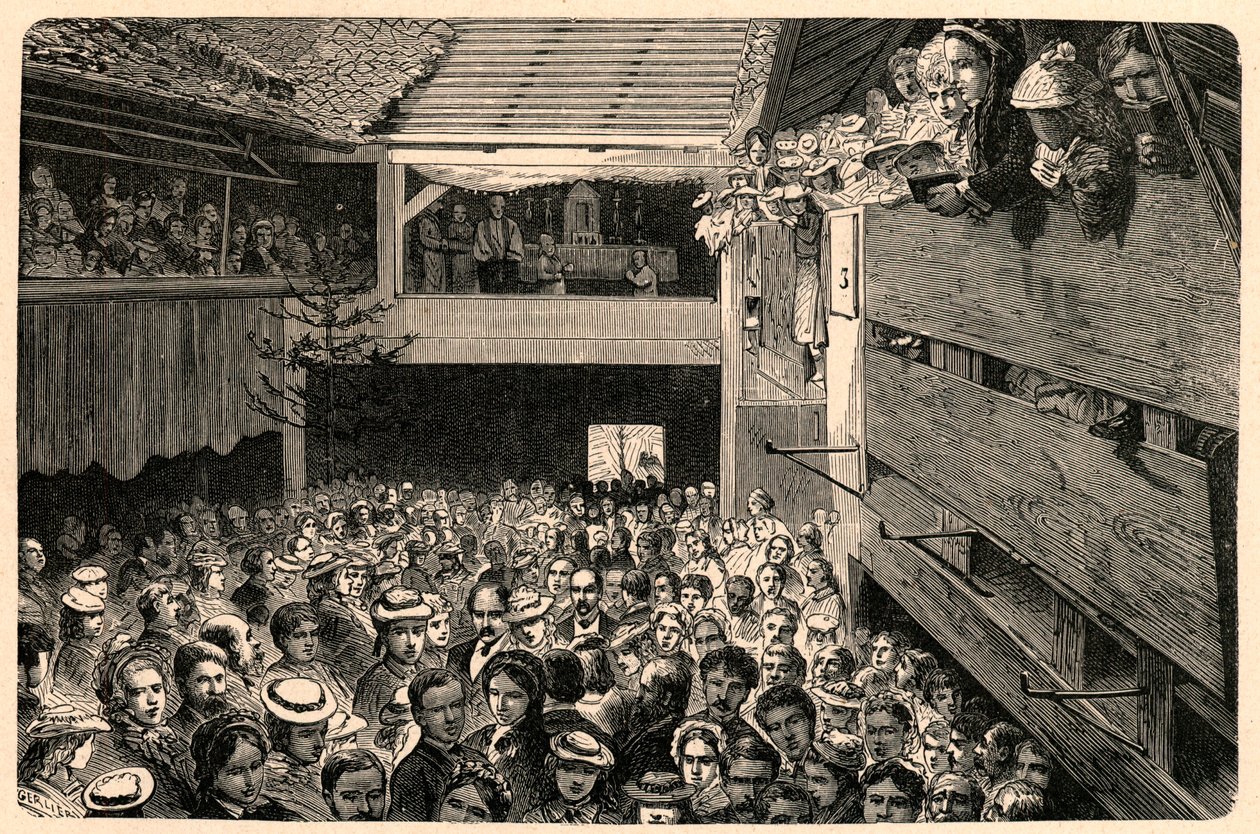 Celebrazione del culto cattolico a Porrentruy, Svizzera nel 1874, dopo una fotografia. Incisione in "Les Missions Catholiques au XIXeme Siecle" di Louis-Eugene Louvet. Collezione privata da Anonymous Anonymous