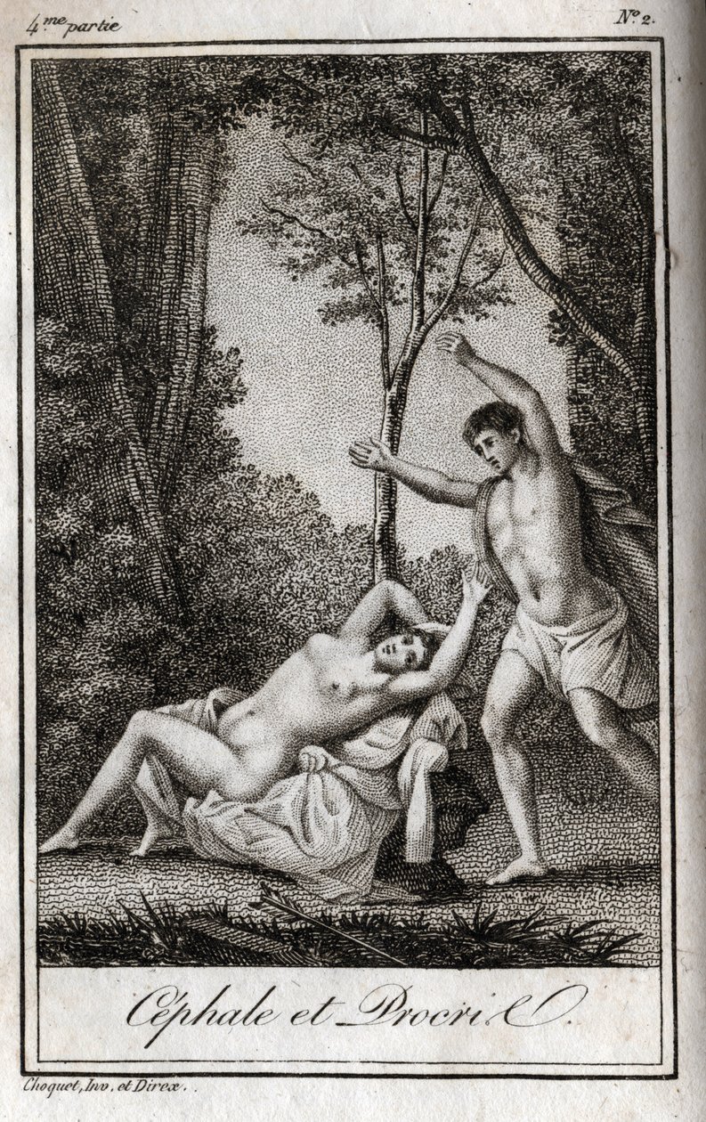Cefalo e Procri (Cephalus) coppia di amanti. Incisione del 1819 in "Lettres a Emilie sur la mythologie" di Charles Albert Demoustier (1760-1801). Collezione privata. da Anonymous Anonymous
