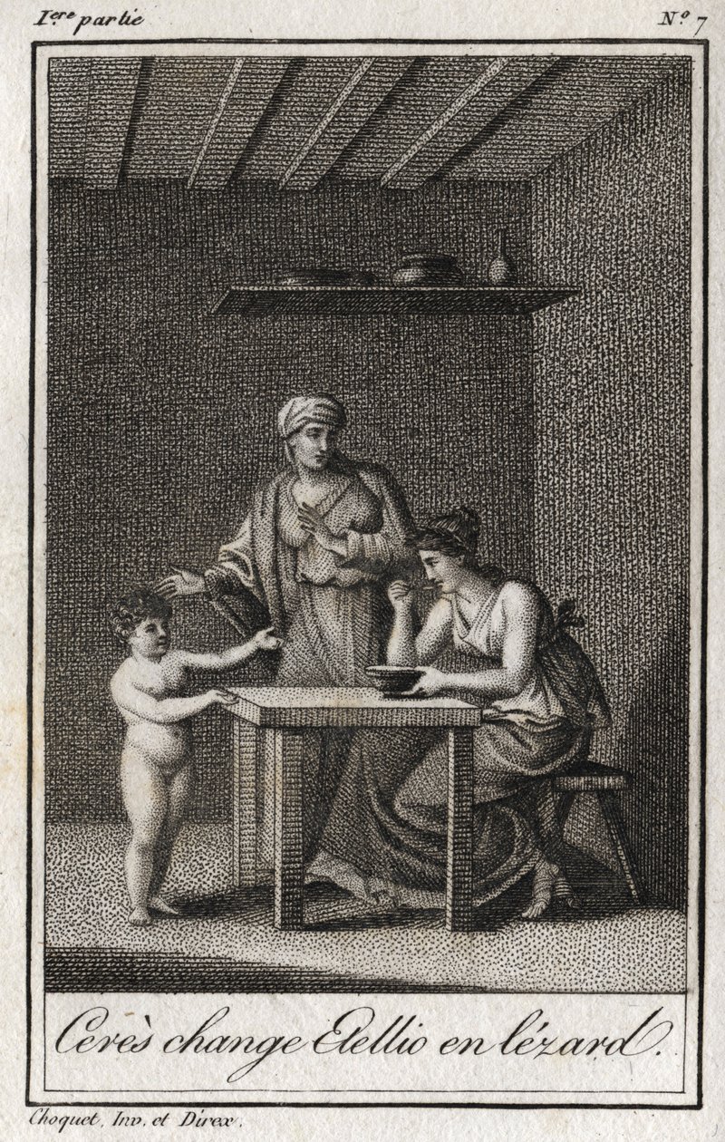 Cerere trasforma Stellione in una lucertola. Incisione del 1819 in "Lettres a Emilie sur la mythologie" di Charles Albert Demoustier (1760-1801). Collezione privata. da Anonymous Anonymous