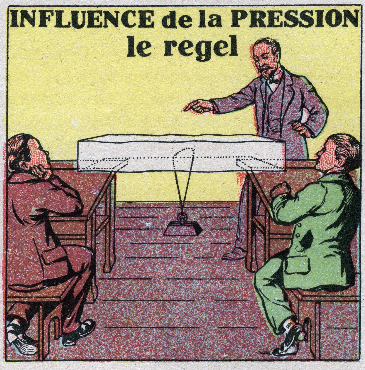 Cambiamenti di stato: influenza della pressione sulla fusione. Esperimento del regel o di un filo teso da un peso che passa attraverso un pezzo di ghiaccio senza romperlo. Illustrazione anonima del 1925. Collezione privata da Anonymous Anonymous