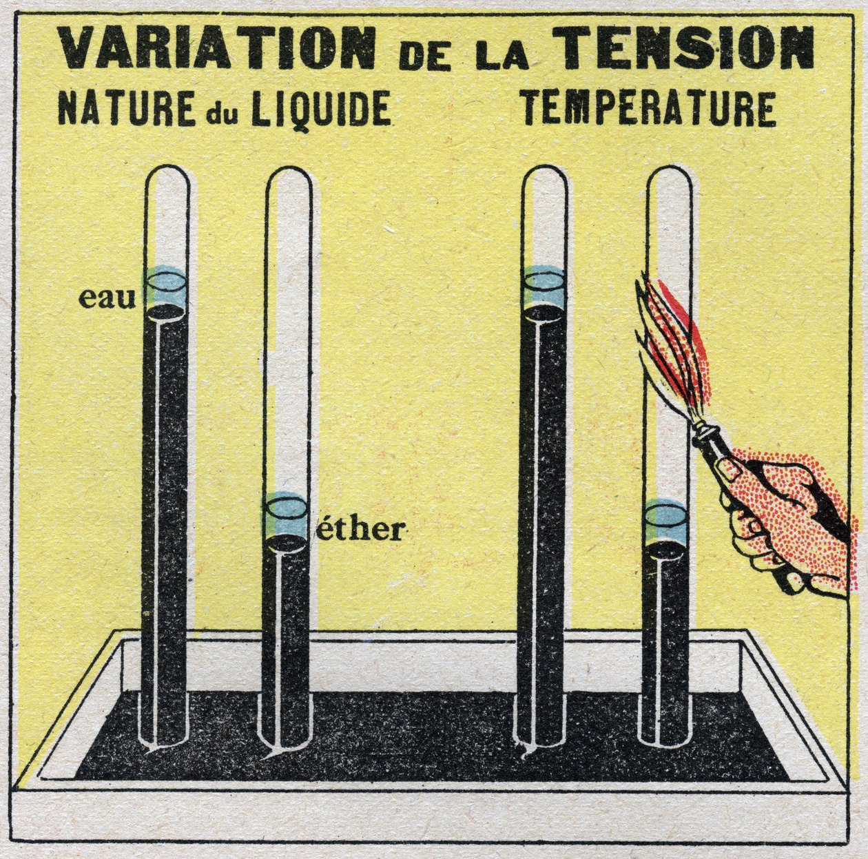 Cambiamenti di stato: vapori. Variazione della tensione a seconda della natura del liquido o della temperatura. Illustrazione anonima del 1925. Collezione privata da Anonymous Anonymous